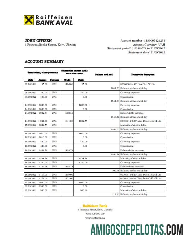 Extrato bancário Raiffeisen da Ucrânia para download, modelo Excel e PDF